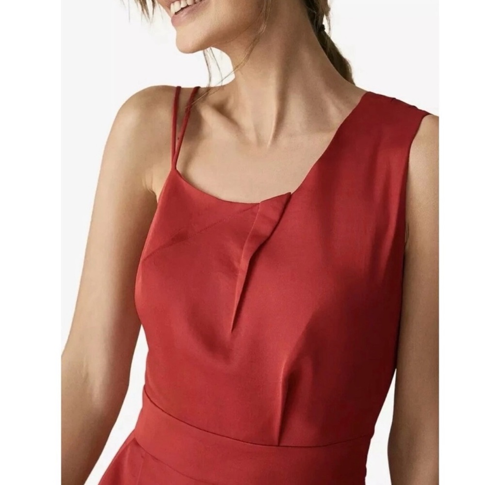 NWT REISS | Sara Ruffle Detail‎ Red Satin Pleated Midi Cocktail Dress Sz. 0 - Picture 3 of 8